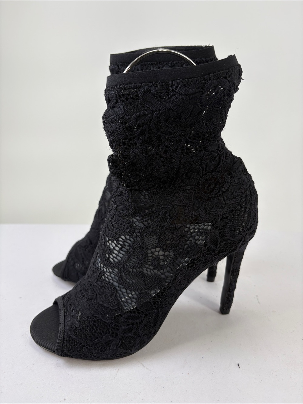 🐨 Charles By Charles David Black Lace Open-Toe Stiletto Booties 3.75 inch heel